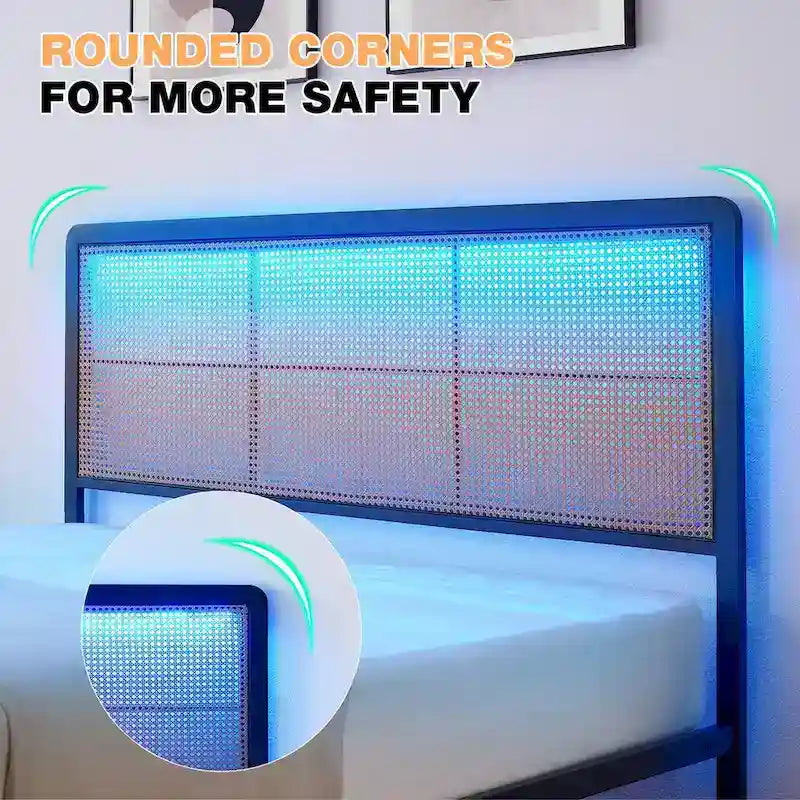Cadre de lit plateforme en métal avec lumières LED et tête de lit tressée