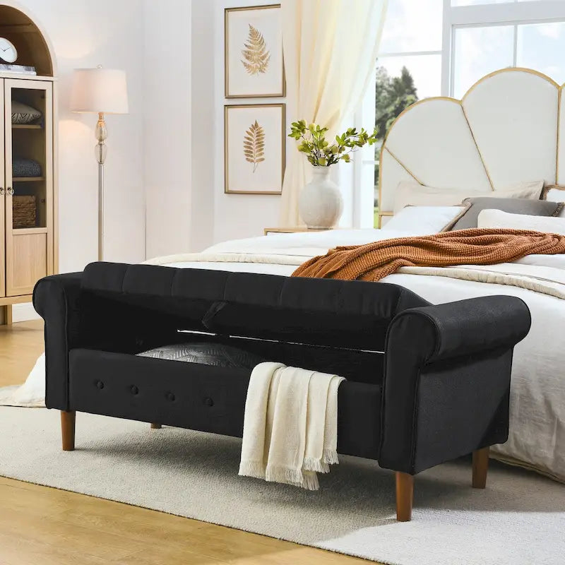 Banc de rangement capitonné de 157 cm avec plateau touffeté et accoudoirs roulés