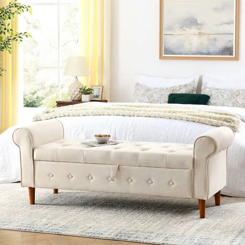 Banc de rangement capitonné de 157 cm avec plateau touffeté et accoudoirs roulés