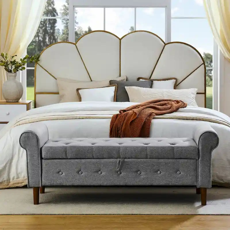 Banc de rangement capitonné de 157 cm avec plateau touffeté et accoudoirs roulés