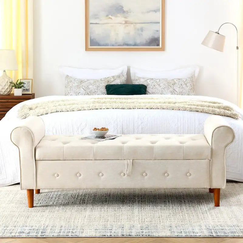 Banc de rangement capitonné de 157 cm avec plateau touffeté et accoudoirs roulés