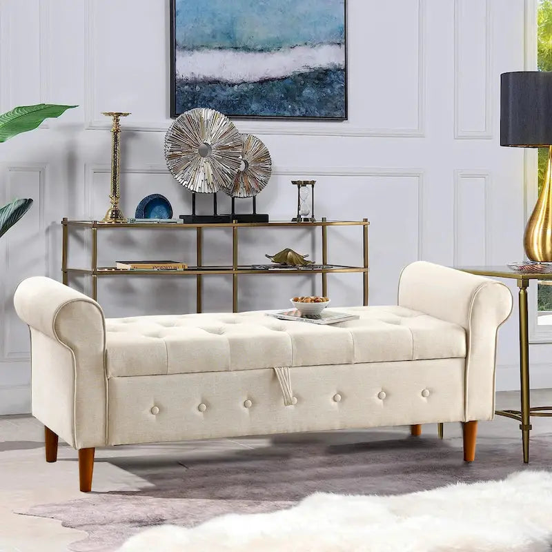 Banc de rangement capitonné de 157 cm avec plateau touffeté et accoudoirs roulés