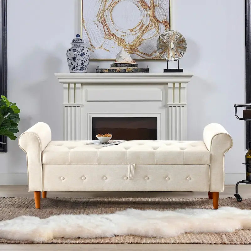 Banc de rangement capitonné de 157 cm avec plateau touffeté et accoudoirs roulés