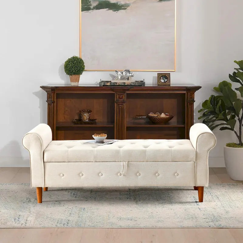 Banc de rangement capitonné de 157 cm avec plateau touffeté et accoudoirs roulés