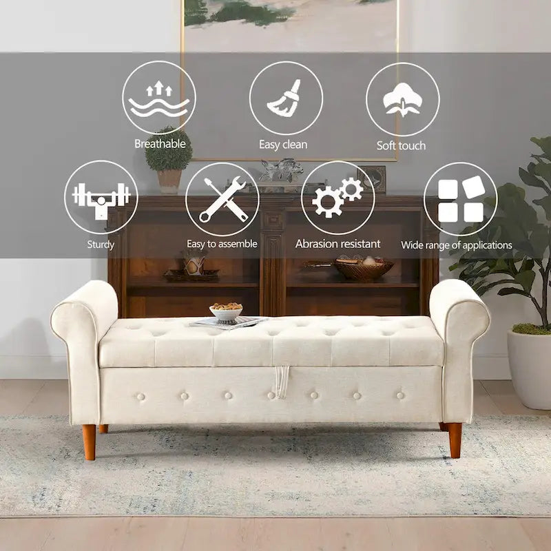 Banc de rangement capitonné de 157 cm avec plateau touffeté et accoudoirs roulés