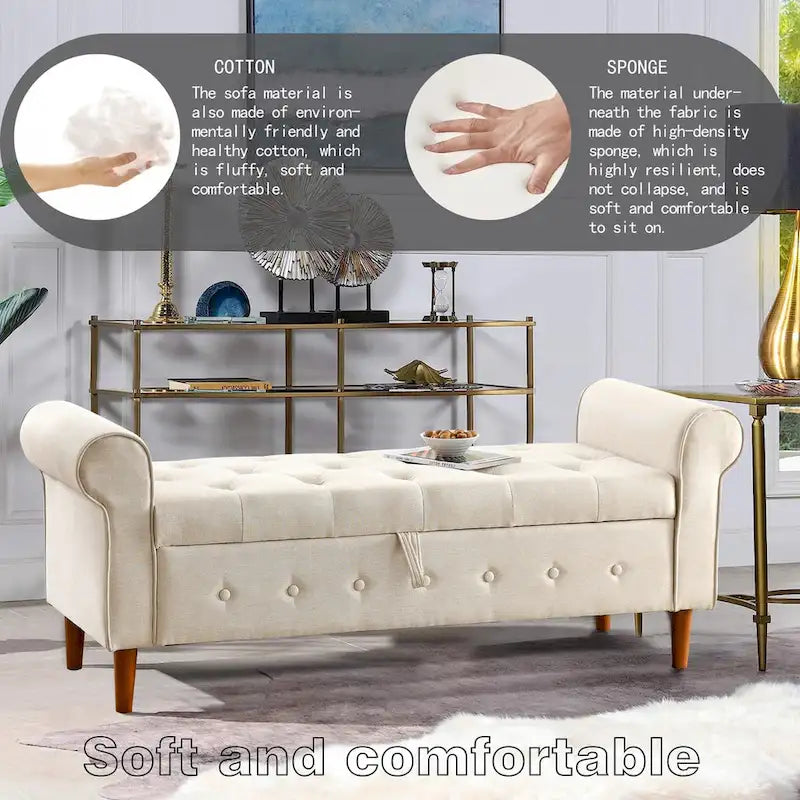 Banc de rangement capitonné de 157 cm avec plateau touffeté et accoudoirs roulés