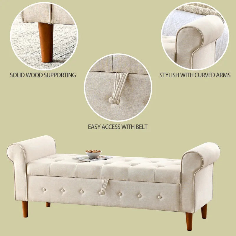 Banc de rangement capitonné de 157 cm avec plateau touffeté et accoudoirs roulés