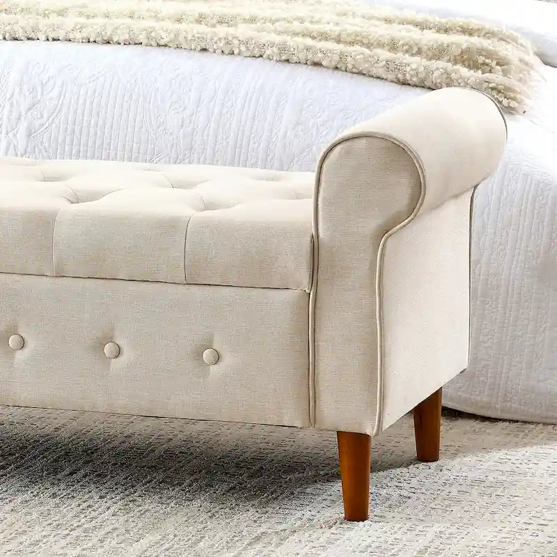 Banc de rangement capitonné de 157 cm avec plateau touffeté et accoudoirs roulés
