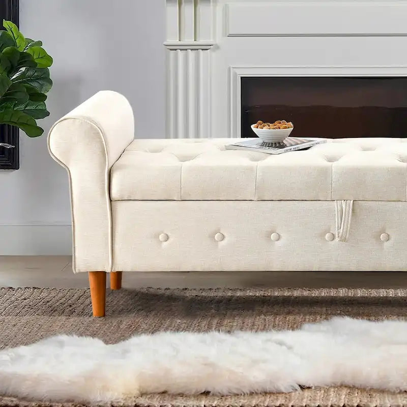 Banc de rangement capitonné de 157 cm avec plateau touffeté et accoudoirs roulés