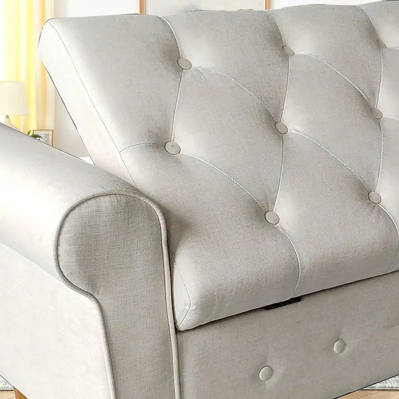 Banc de rangement capitonné de 157 cm avec plateau touffeté et accoudoirs roulés