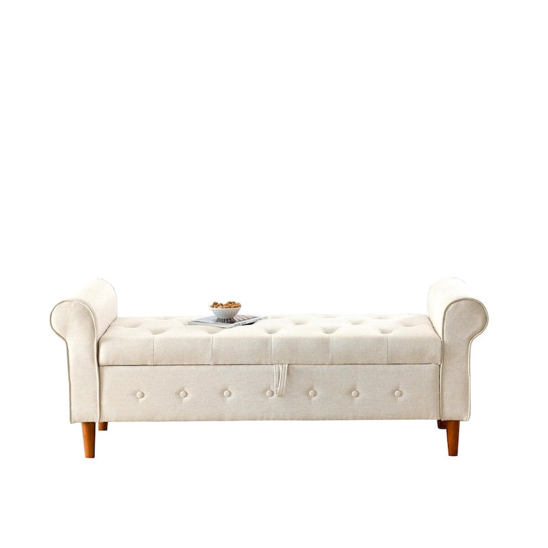 Banc de rangement capitonné de 157 cm avec plateau touffeté et accoudoirs roulés
