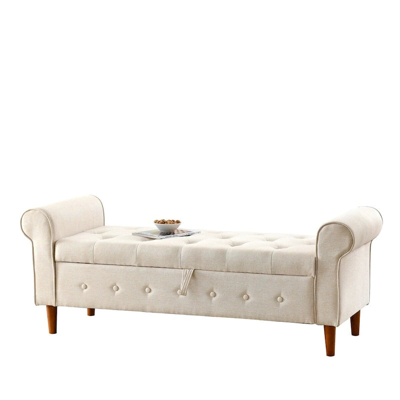 Banc de rangement capitonné de 157 cm avec plateau touffeté et accoudoirs roulés