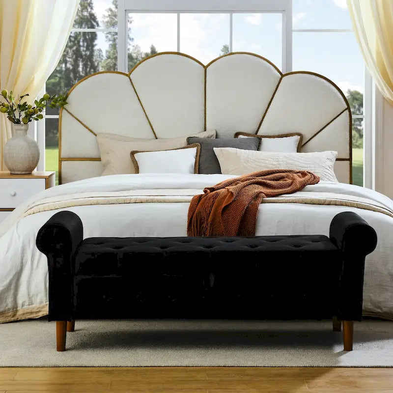 Banc de rangement capitonné de 157 cm avec plateau touffeté et accoudoirs roulés