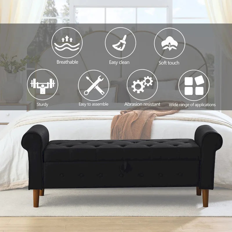 Banc de rangement capitonné de 157 cm avec plateau touffeté et accoudoirs roulés