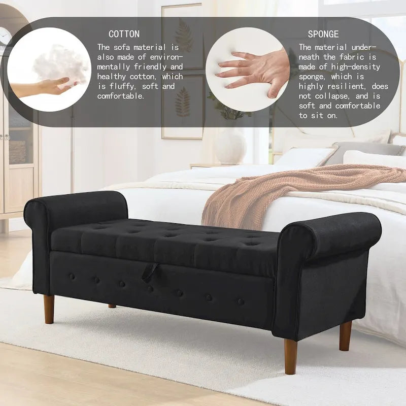 Banc de rangement capitonné de 157 cm avec plateau touffeté et accoudoirs roulés