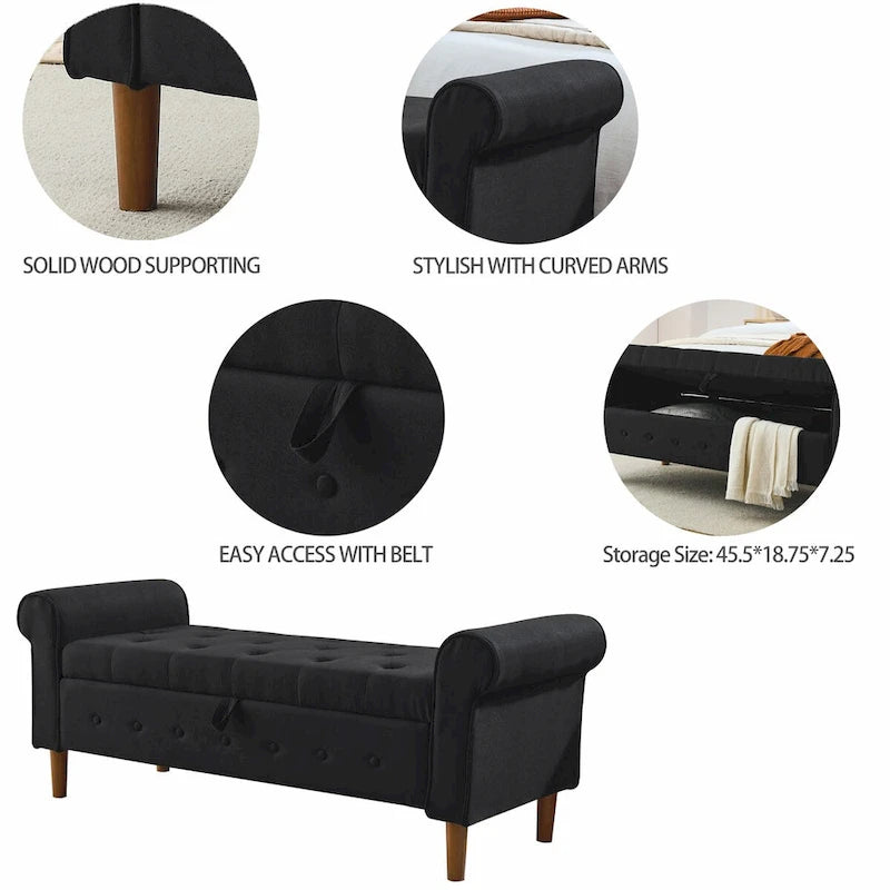 Banc de rangement capitonné de 157 cm avec plateau touffeté et accoudoirs roulés