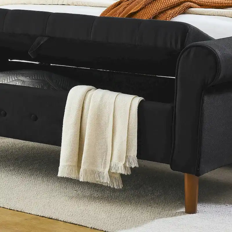 Banc de rangement capitonné de 157 cm avec plateau touffeté et accoudoirs roulés