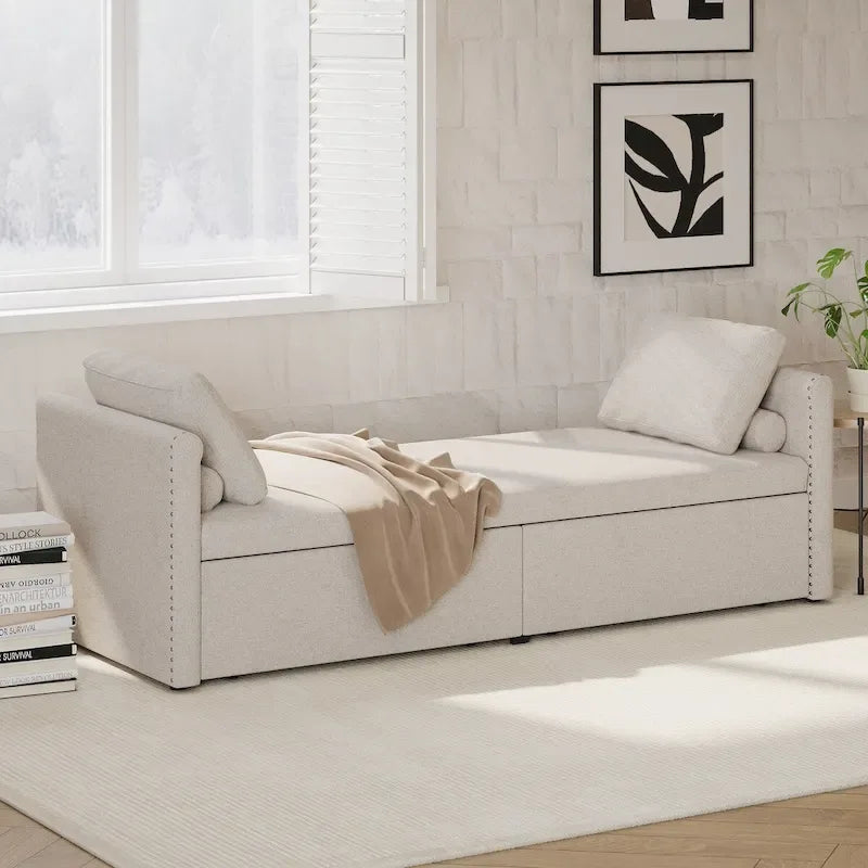 Lit de repos en lin avec 2 tiroirs de rangement