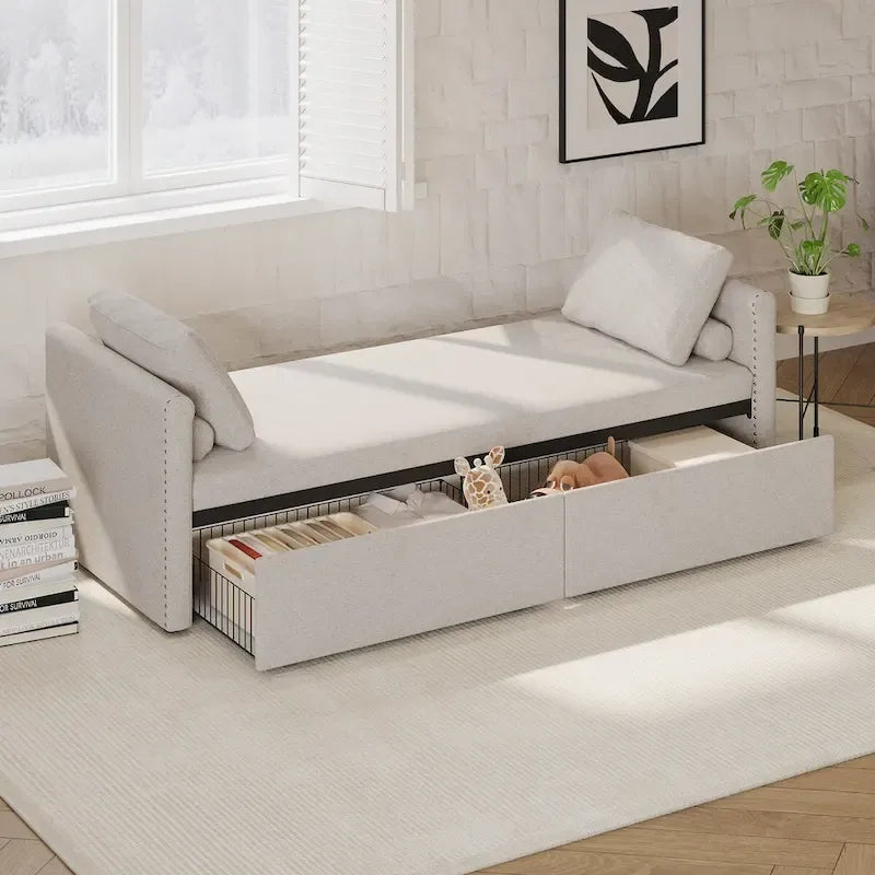 Lit de repos en lin avec 2 tiroirs de rangement