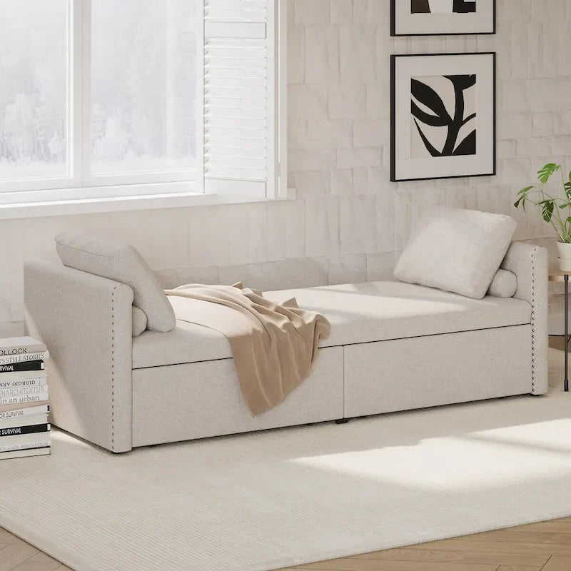 Lit de repos en lin avec 2 tiroirs de rangement