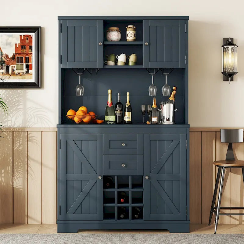 Meuble de cuisine-bar avec rangement — 120 cm (L) x 39,4 cm (l) x 187,4 cm (H), 4 placards, 2 tiroirs, casiers à vin et porte-verres
