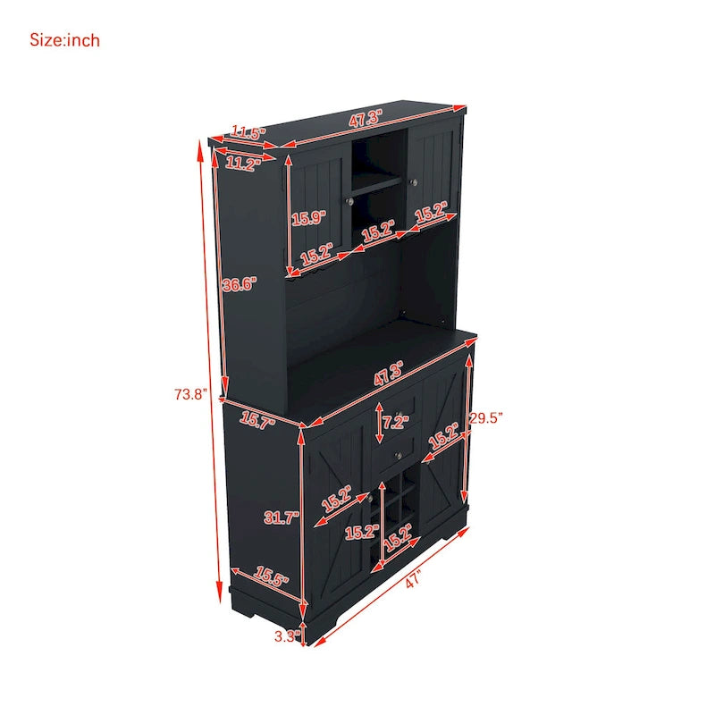 Meuble de cuisine-bar avec rangement — 120 cm (L) x 39,4 cm (l) x 187,4 cm (H), 4 placards, 2 tiroirs, casiers à vin et porte-verres