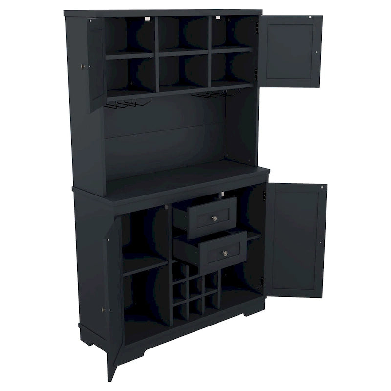 Meuble de cuisine-bar avec rangement — 120 cm (L) x 39,4 cm (l) x 187,4 cm (H), 4 placards, 2 tiroirs, casiers à vin et porte-verres