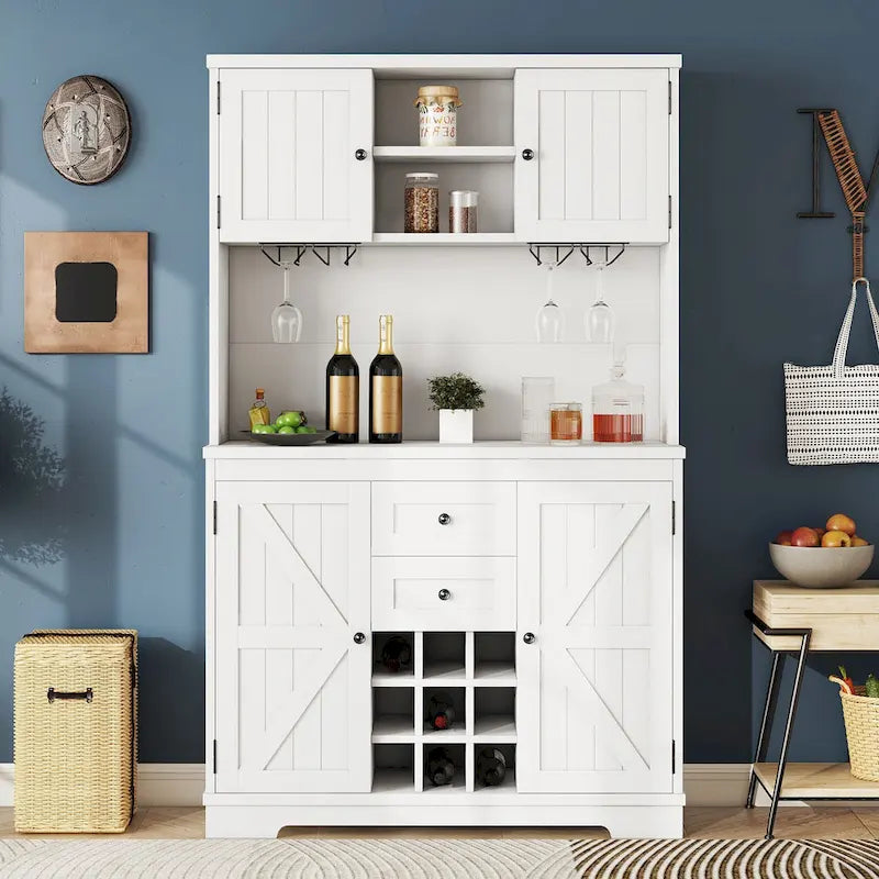 Meuble de cuisine-bar avec rangement — 120 cm (L) x 39,4 cm (l) x 187,4 cm (H), 4 placards, 2 tiroirs, casiers à vin et porte-verres