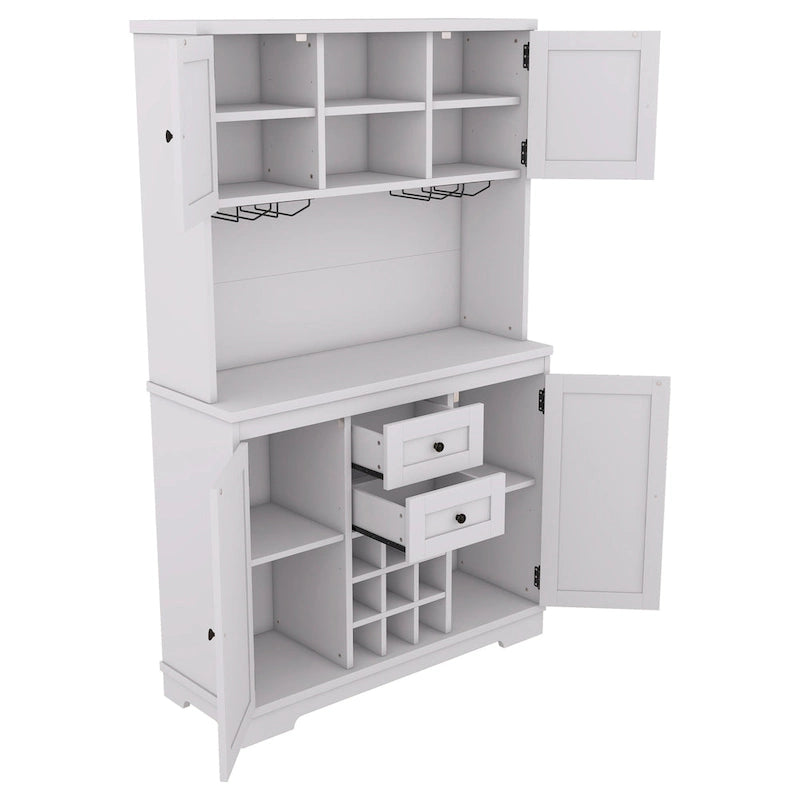 Meuble de cuisine-bar avec rangement — 120 cm (L) x 39,4 cm (l) x 187,4 cm (H), 4 placards, 2 tiroirs, casiers à vin et porte-verres