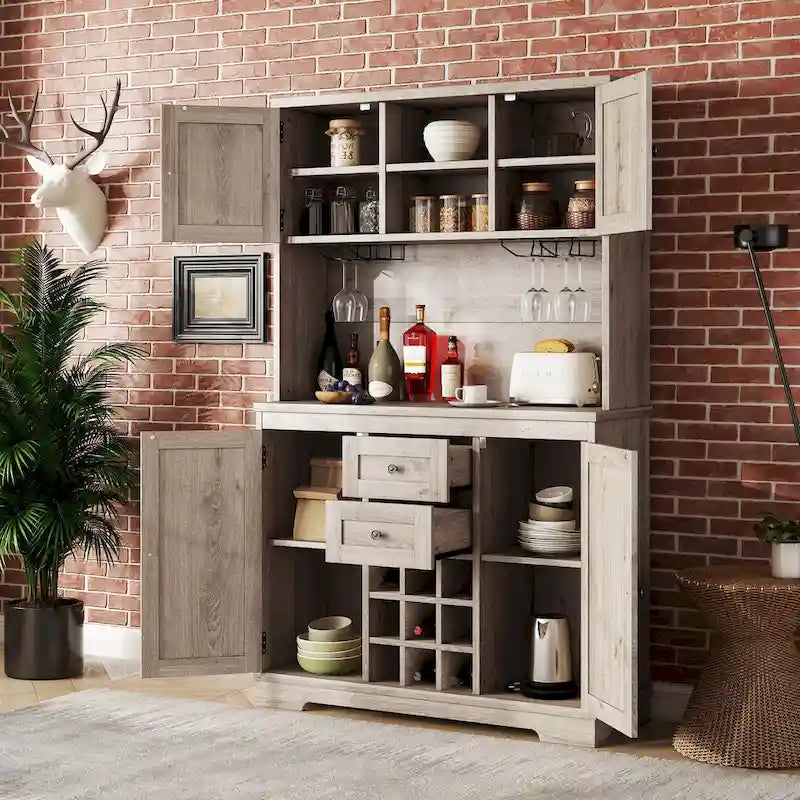 Meuble de cuisine-bar avec rangement — 120 cm (L) x 39,4 cm (l) x 187,4 cm (H), 4 placards, 2 tiroirs, casiers à vin et porte-verres