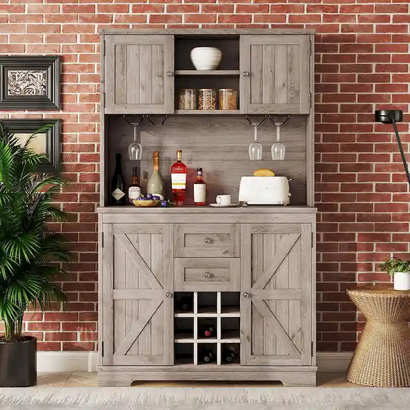 Meuble de cuisine-bar avec rangement — 120 cm (L) x 39,4 cm (l) x 187,4 cm (H), 4 placards, 2 tiroirs, casiers à vin et porte-verres
