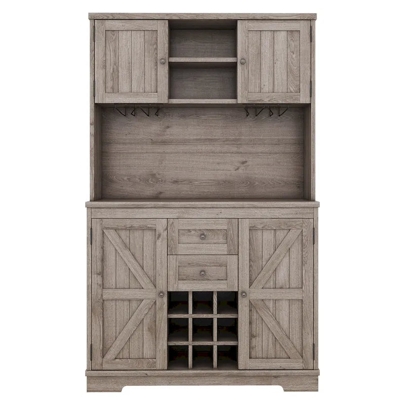 Meuble de cuisine-bar avec rangement — 120 cm (L) x 39,4 cm (l) x 187,4 cm (H), 4 placards, 2 tiroirs, casiers à vin et porte-verres