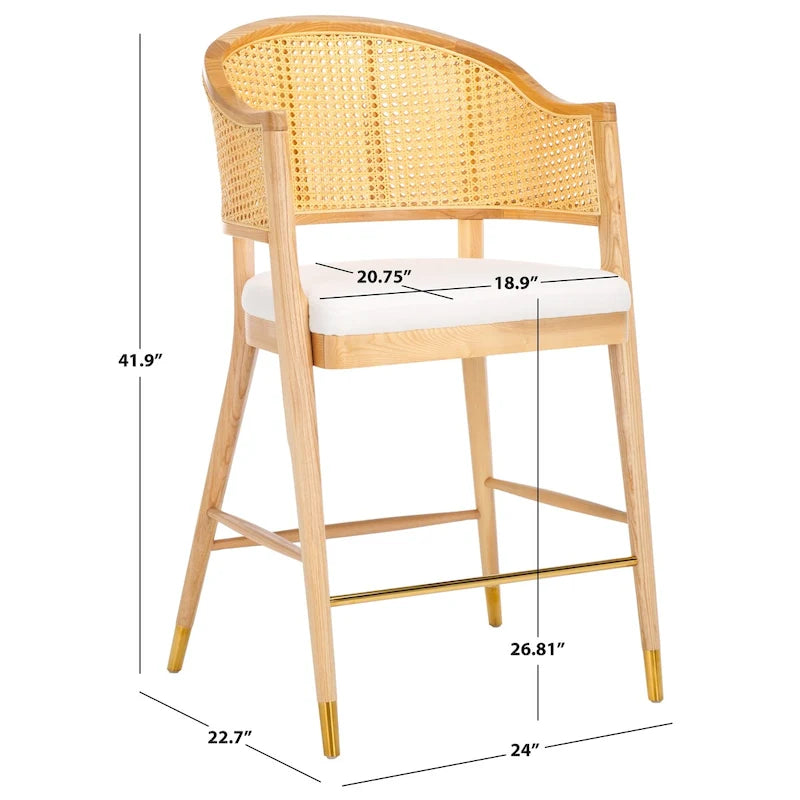 Tabouret de bar à dossier en rotin avec assise en lin – 61 L x 58 P x 107 H cm
