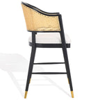 Tabouret de bar à dossier en rotin avec assise en lin – 61 L x 58 P x 107 H cm