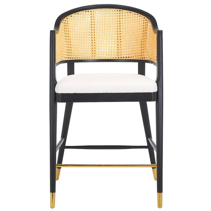 Tabouret de bar à dossier en rotin avec assise en lin – 61 L x 58 P x 107 H cm