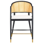 Tabouret de bar à dossier en rotin avec assise en lin – 61 L x 58 P x 107 H cm